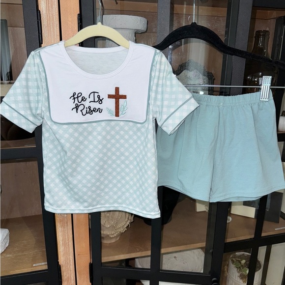 He is Risen easter toddler boy set smock embroidered top shorts sage gingham tee - Picture 1 of 7